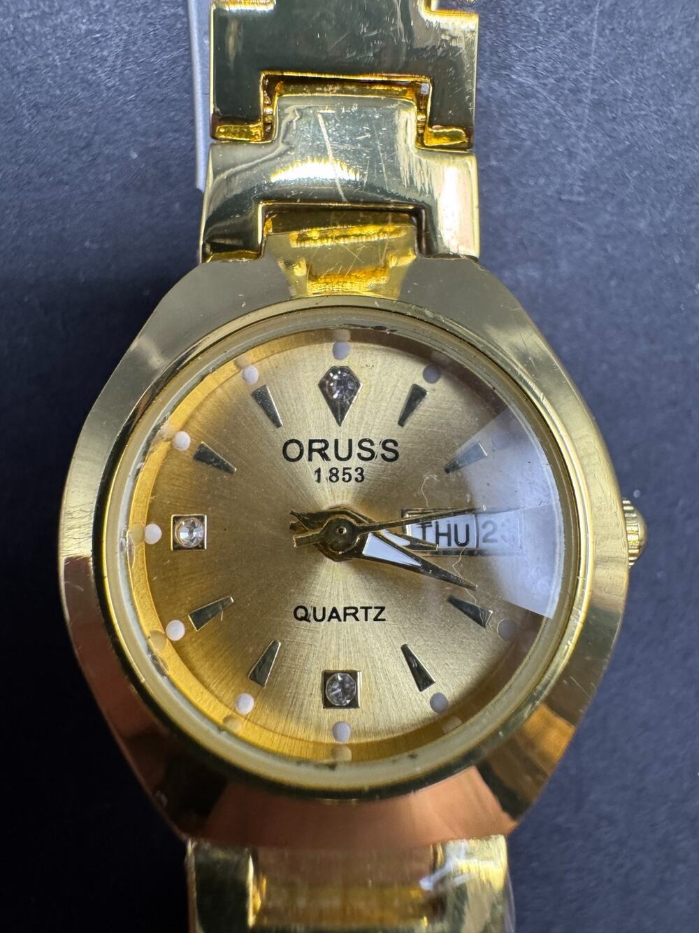 Vtg Oruss 1853 Woman's Luxury Rhinestone Quartz Watch Gold Tone Day/Date 24mm